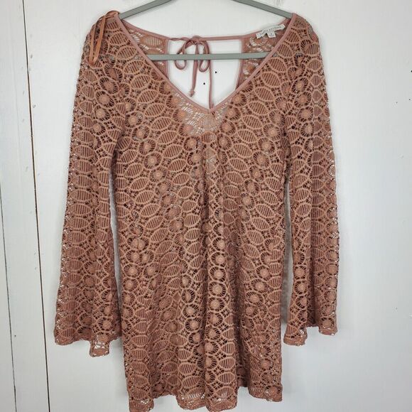 Green Envelope Crochet Boho Top Bell Sleeve Fairy Beachy Coastal Womens M Mauve - Picture 1 of 10
